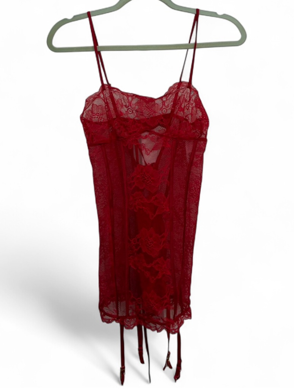 Victoria’s Secret Sheer Red Lace Garter Chemise Slip